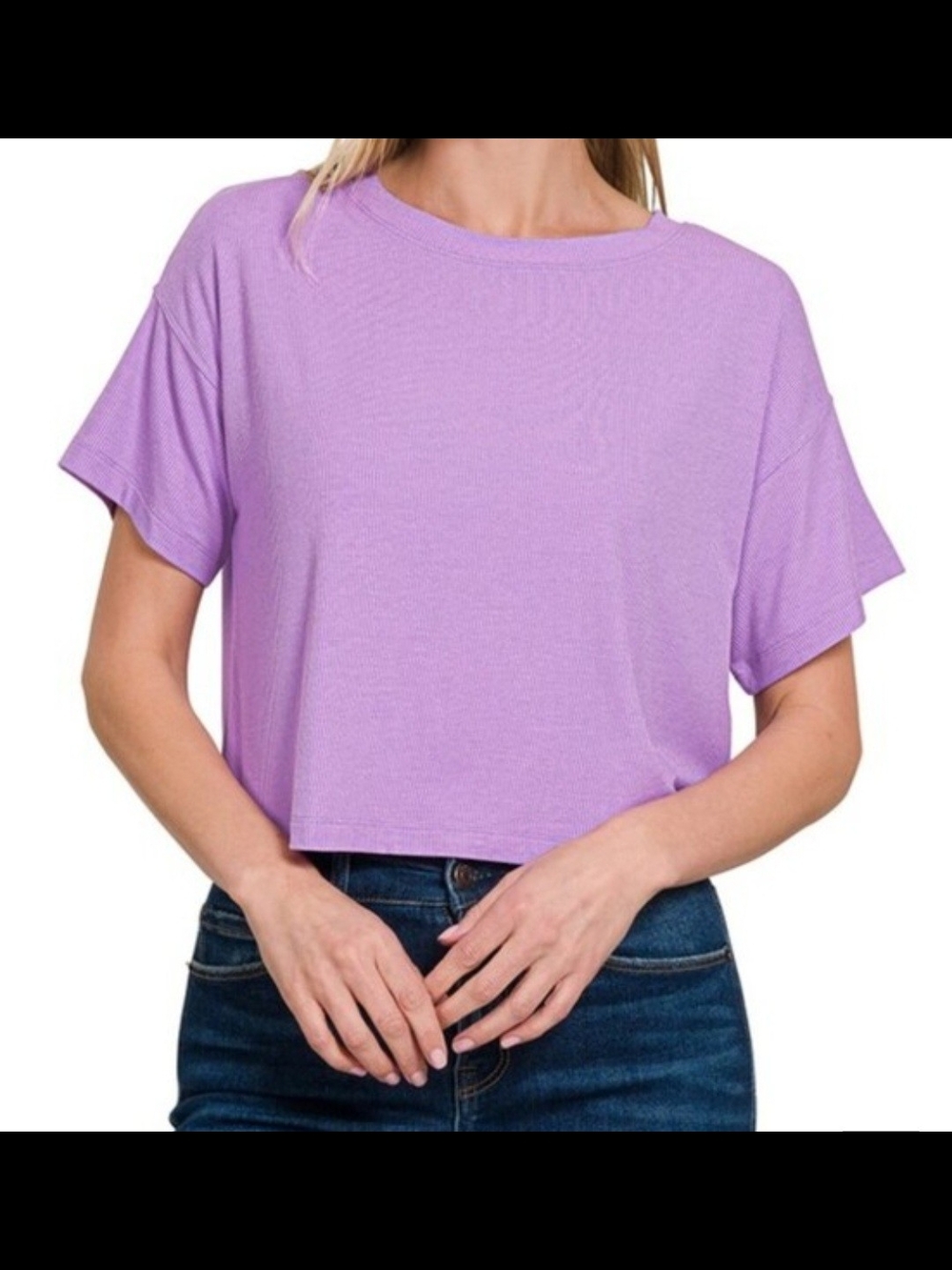 SALE! Zenana Outfitters Lavender Ribbed Boxy Crop Tee - Picture 4 of 4